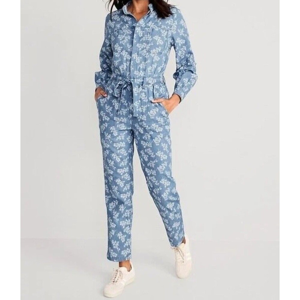 NEW OLD NAVY Womens Tie Waist-Defined Floral Utility Jean Denim Jumpsuit XL Neru